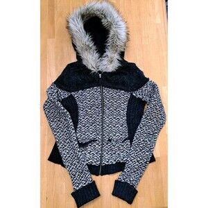 Sleeping On Snow Sweater Womens Large Black Knit Faux Fur Hood Anthropologie